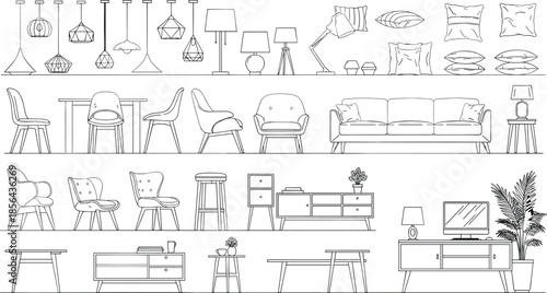 Home, furniture, decor, illustration, interior, design, graphic, pendant lights, chairs, tables, sofa, lamp, plant, storage, cabinet, pillow, stool, media console, minimal, concept