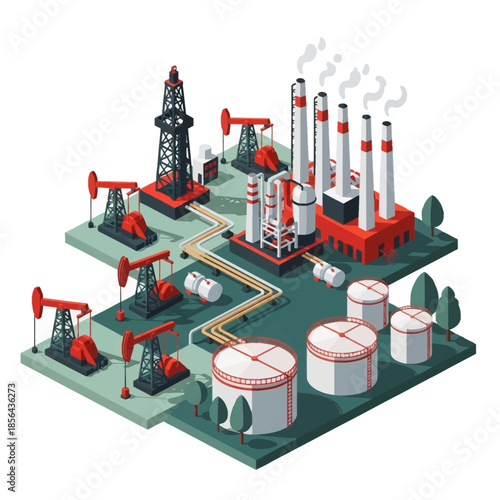 Isometric illustration of an oil and gas industry complex with drilling rigs, pumpjacks, refinery, and storage tanks.