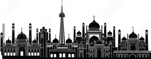 Islamic city skyline silhouette, mosque domes and minarets illustration, Middle Eastern architectural landscape design for travel, culture, religion and artwork projects