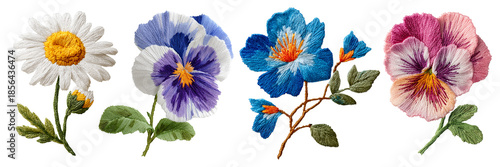 Satin stitch embroidered flowers with leaves and buds. Cut out embroidery picture, wild flower, pansy, chamomile, isolated on transparent background. Hobby, handicraft.