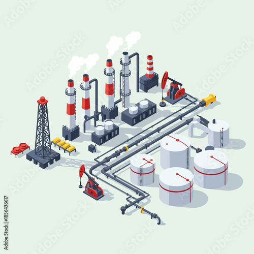 Isometric illustration of an oil refinery and gas processing plant with storage tanks, pipelines, and pumpjacks.
