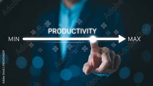 Productivity slider concept with glowing icons and a businessperson pointing to a MIN–MAX scale