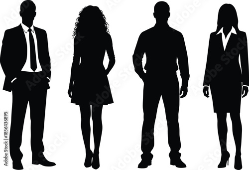 Diverse group of casual and professional people silhouettes standing in a row wearing everyday clothing isolated on white background, for social community concepts.