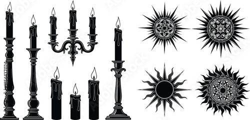 Set of vintage candle holders, burning candles and decorative sun symbols with ornate sunburst patterns in black silhouette vector design
