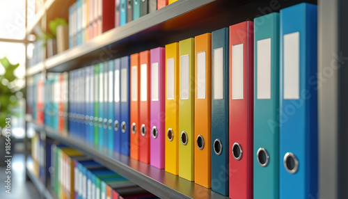 Row of organized colorful office binders neatly arranged on a shelf