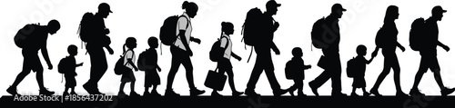 Silhouette of walking people with backpacks including adults and children, migration journey scene representing travel, movement, family unity, and human silhouettes