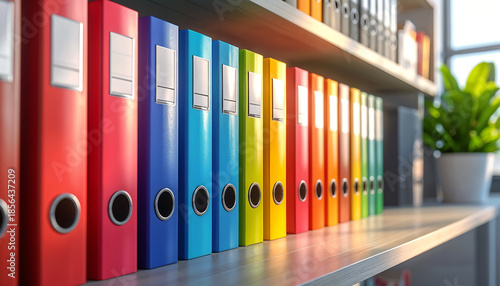 Row of organized colorful office binders neatly arranged on a shelf