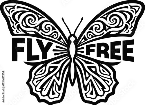 Beautiful butterfly insect vector illustration with Fly Free text for nature and freedom concepts on a transparent background.