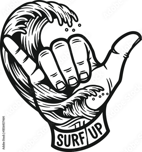Black and white vector illustration of a shaka hand gesture with tattoo details for surf and chill vibes on a transparent background.