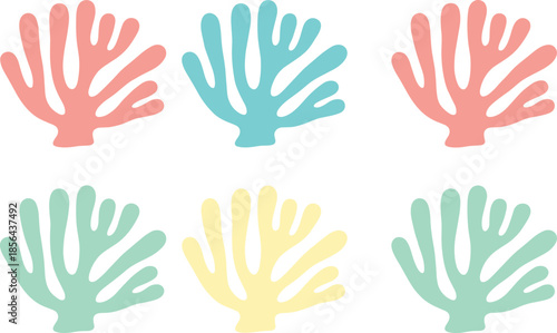 Underwater coral reef vector illustration set featuring colorful organic sea plants in pink blue yellow and mint green isolated on white background for marine design