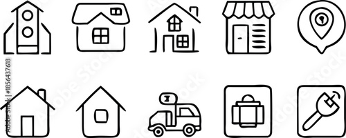 Hand Drawn Black and White Real Estate and City Building Icon Set