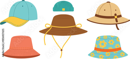 Colorful hat vector illustration set featuring baseball cap sun hat bucket hat safari hat and beanie isolated on white background for summer and outdoor fashion
