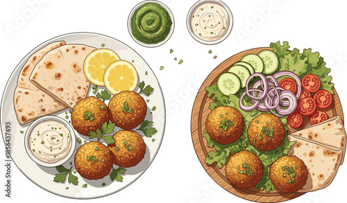 Top view illustration of delicious falafel plates with fresh vegetables, sauces, pita bread, Mediterranean food artwork perfect for restaurant menu and culinary design