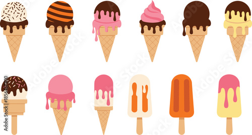 Ice cream vector illustration set featuring various flavors in waffle cones with chocolate sauce and colorful popsicles isolated on white background for summer dessert