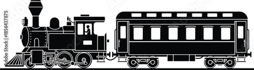 Vintage steam locomotive silhouette illustration, classic passenger train vector, retro railway transport design, black train icon, isolated