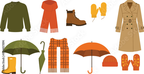 Autumn seasonal clothes and accessories vector illustration set featuring warm sweater trench coat scarves boots umbrellas mittens and hat isolated on white background for design