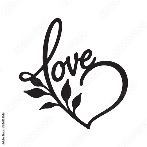 Black Silhouette of Floral Heart  and Rose leaf flower vector illustration