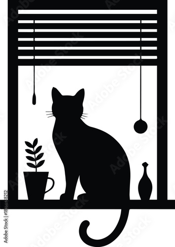 Minimalist black cat sitting on windowsill silhouette vector icon