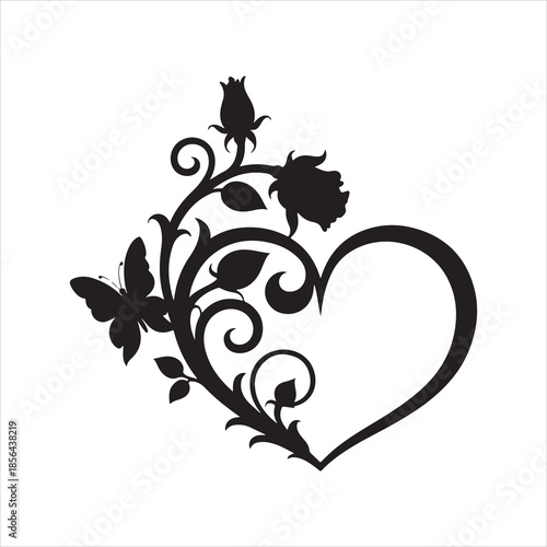 Retro floral rose heart with butterfly silhouette vector illustration valentine`s design