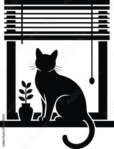 Minimalist black cat sitting on windowsill silhouette vector icon