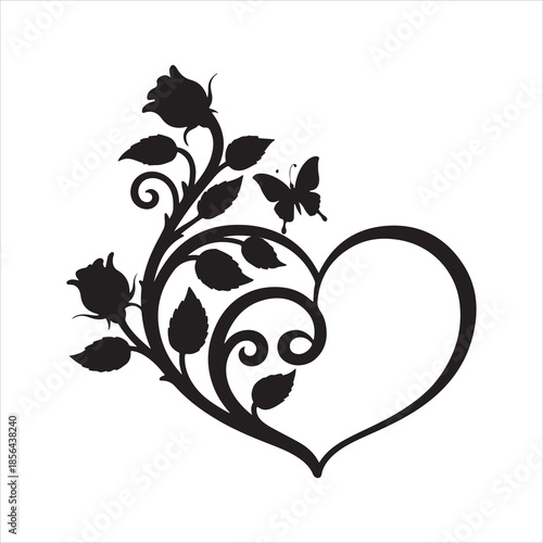 Retro floral rose heart with butterfly silhouette vector illustration valentine`s design