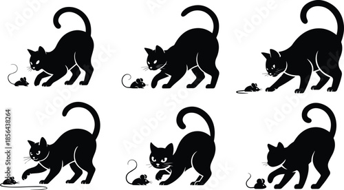 Set of Minimalist black cat playing with mouse toy silhouette vector icon