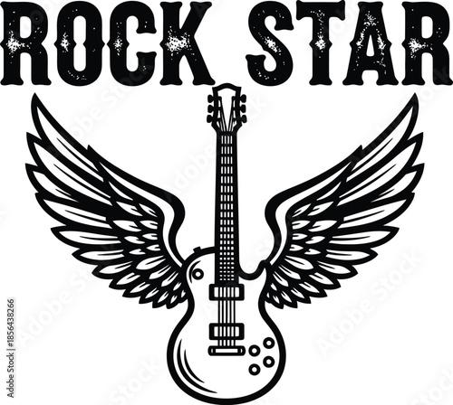 Electric guitar with wings vector illustration with Rock Star text for music concert and band designs on a transparent background.