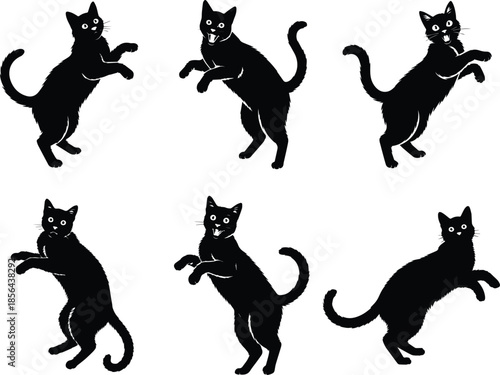 Set of Minimalist black cat startled jumping back silhouette vector icon