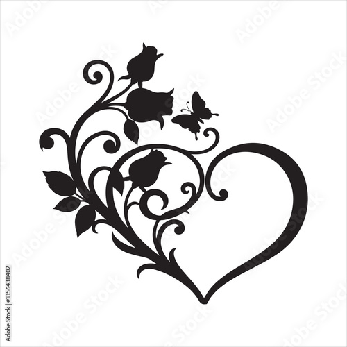 Retro floral rose heart with butterfly silhouette vector illustration valentine`s design