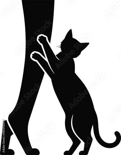 Minimalist black cat rubbing against human leg silhouette vector icon