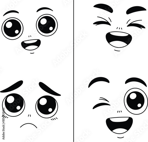 Cute cartoon face expressions vector illustration set with happy sad laughing wink emotions, black and white kawaii emoji characters for stickers, comics, animation