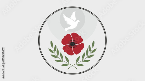 Remembrance Day symbol with poppy flower, dove, and olive branches in a circular frame.