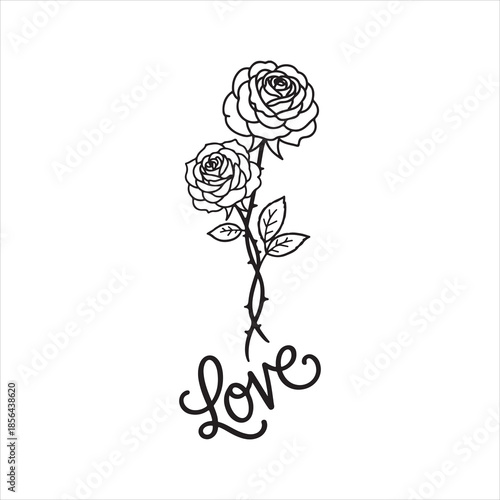 Black line art of love heart and rose on vector illustration