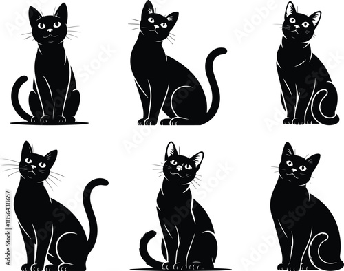 Set of Minimalist black cat looking up with raised ears silhouette vector icon