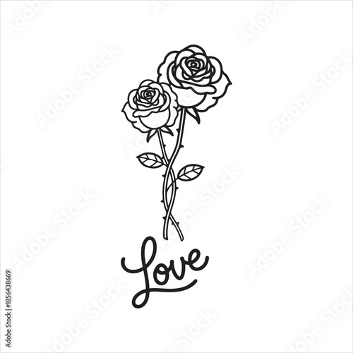 Black line art of love heart and rose on vector illustration