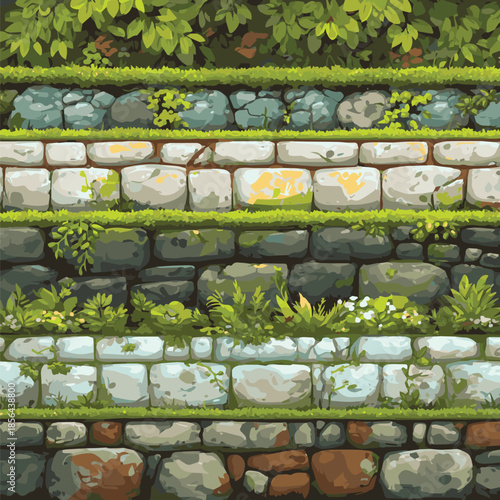  Isolated on Seamless game stone background, vector environment cartoon rock border, jungle leaves, green bushes. Game level tiles, stone wall blocks vector illustration