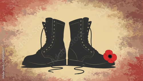 A pair of black combat boots with laces and a red poppy flower on a beige background with a red border, symbolizing remembrance and respect