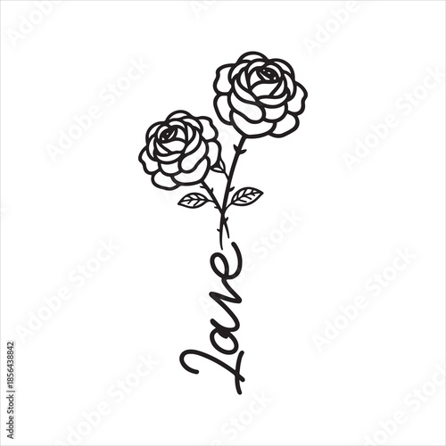 Black line art of love heart and rose on vector illustration of valentine`s design