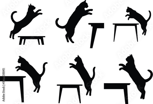 Set of Minimalist black cat jumping onto a table silhouette vector icon