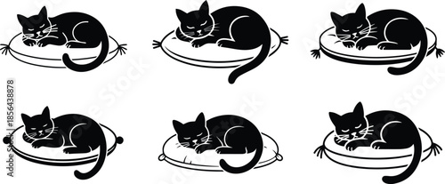 Set of Minimalist black cat sleeping on cushion silhouette vector icon
