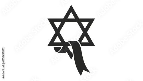 Black star of david with a ribbon symbolizing mourning and remembrance on a white background for jewish culture and heritage