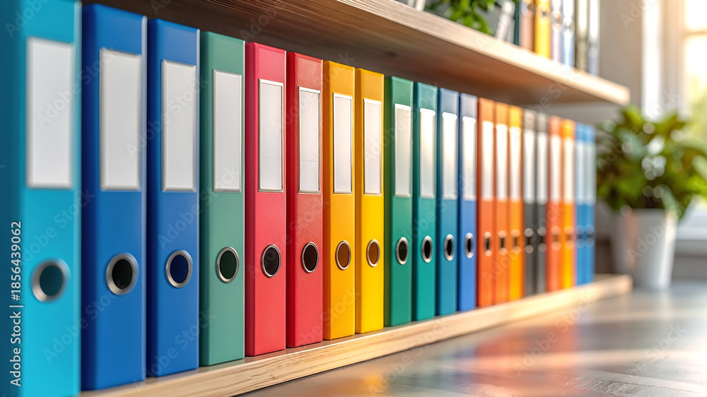 Fototapeta premium Row of organized colorful office binders neatly arranged on a shelf