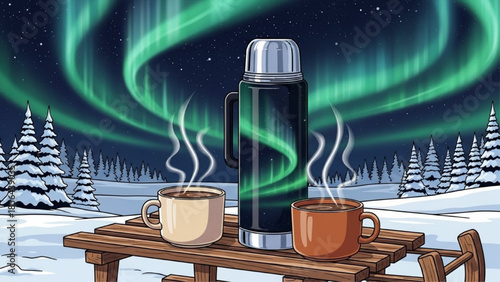 Hot Coffee and Thermos Under Aurora