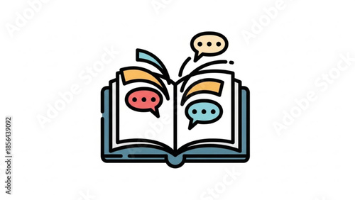 Colorful illustration of an open book with speech bubbles rising from the pages, symbolizing communication and knowledge sharing in education and learning