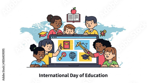 Diverse children gathered around computer for international day of education with globe graduation cap