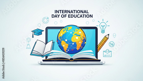 International day of education, globe on laptop, book, graduation cap, lightbulb, pencil, icons, learning, knowledge, earth