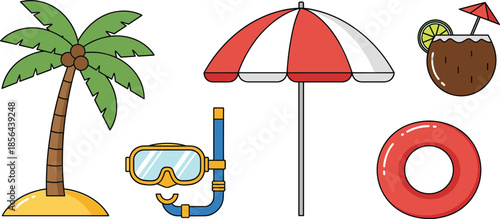 Summer beach vacation vector illustration set with tropical palm tree beach umbrella coconut cocktail drink snorkeling mask and red life buoy isolated on white background
