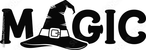 Monochrome vector illustration of a witch hat with Magic text for Halloween, spooky, and fantasy themed design projects on a transparent background.