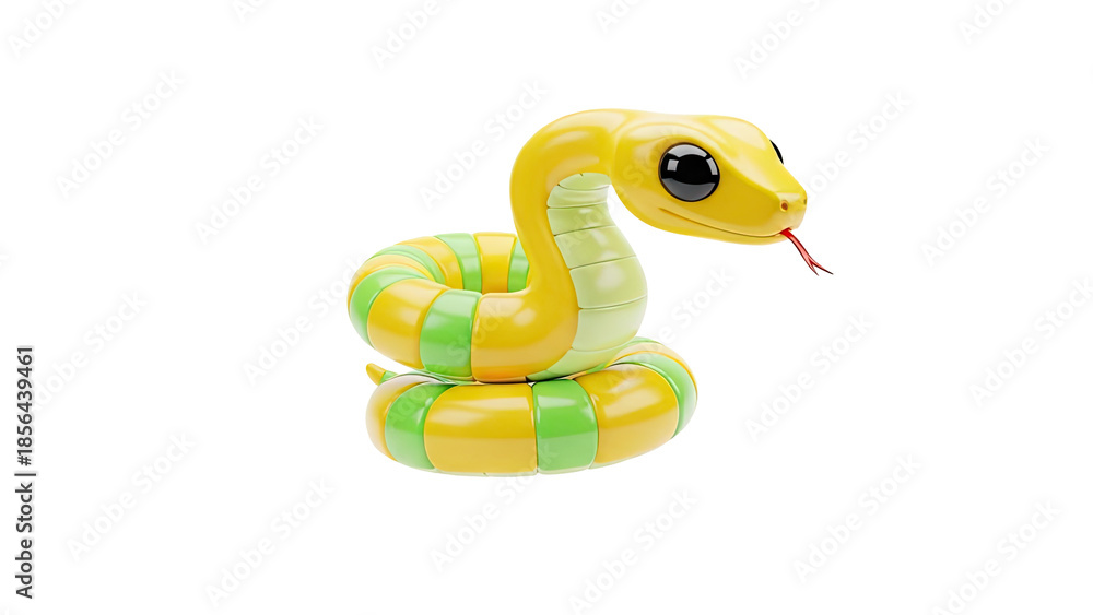 Fototapeta premium Cute cartoon snake with yellow and green stripes on transparent background