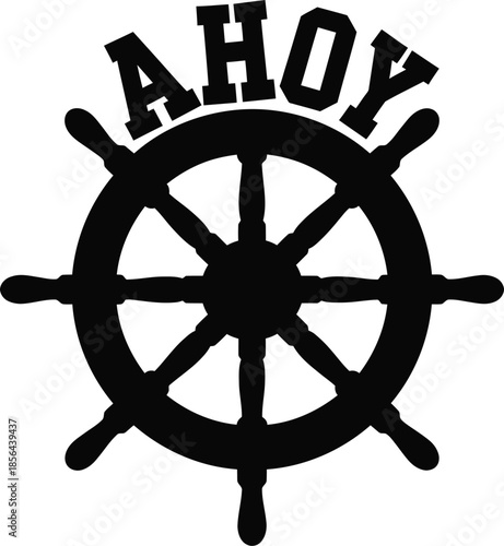 Nautical ship wheel vector illustration with Ahoy text for sea travel and sailing designs on a transparent background.